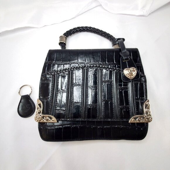 VTG M.C. MARC CHANTAL Black Embossed Croc Leather Handbag & Heart Charm - Picture 1 of 13